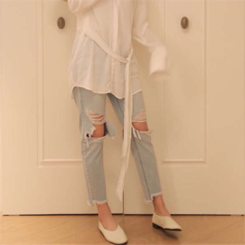 nude 連線款 淺藍刷破牛仔九分褲 S號 蝦皮購物