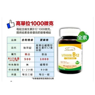 蝦幣回饋 Lovita愛維他 B12 長效緩釋型維他命B12素食錠1000mcg 60錠 維生素 蝦皮購物