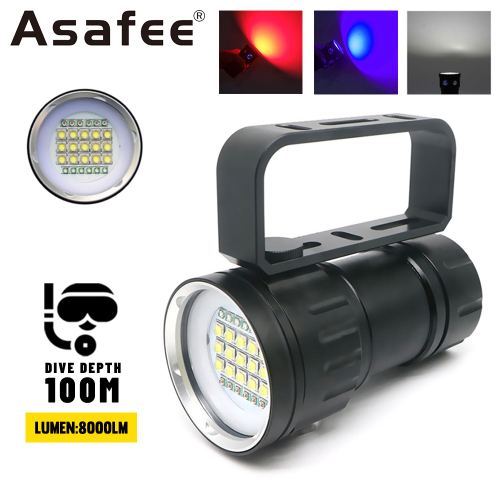 Asafee 20000LM強力超亮潛水手電筒xhp90LED探照燈攝像燈XM L2 LED水下100m防水燈白红紫光 蝦皮購物