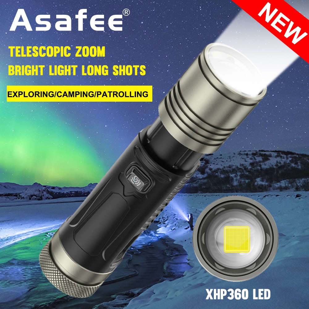 Asafee 2500LM W760A XHP360 LED超亮戶外手電筒使用26650電池3檔伸縮變焦按壓開關IPX5 蝦皮購物