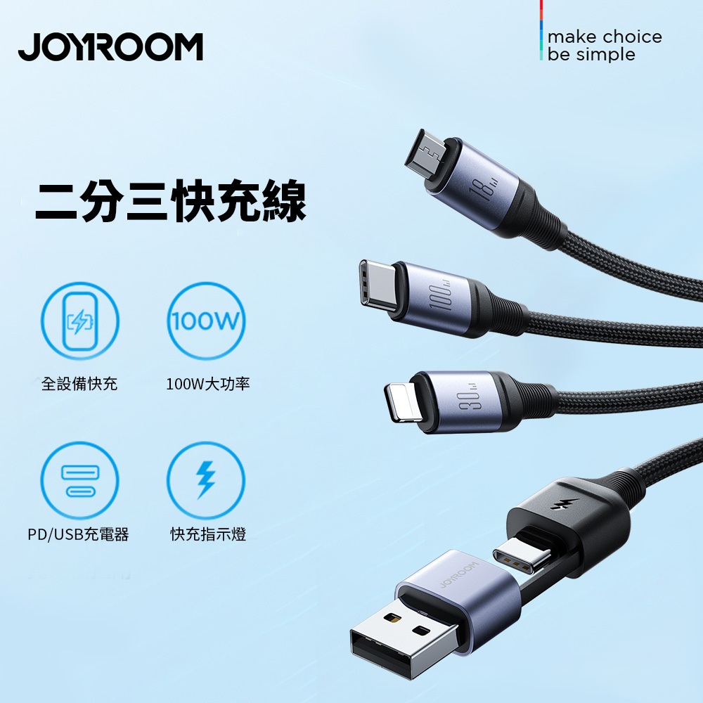 台灣現貨 JOYROOM 迅馳 100W 二分三快充線 USB C to USB C Lightning 蘋果 安卓 蝦皮購物