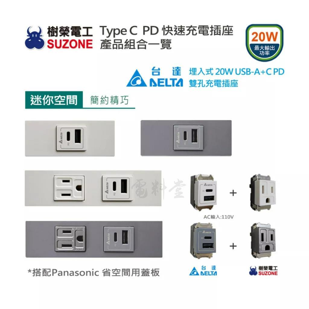 【台達電】木作 系統櫃 迷你插座 省空間極簡風 20W USB A+C PD 充電插座 Type C快充插座 | 蝦皮購物
