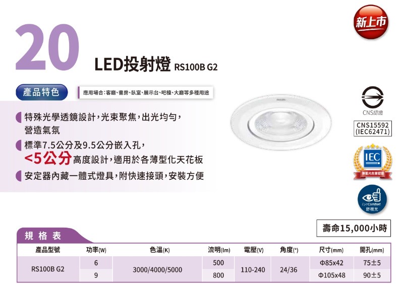 〖飛利浦〗LED投射燈 嵌燈 6W 9W RS100B G2 白光 自然光 黃光 崁燈 舒視光 開發票 【實體門市】鋐欣 | 蝦皮購物