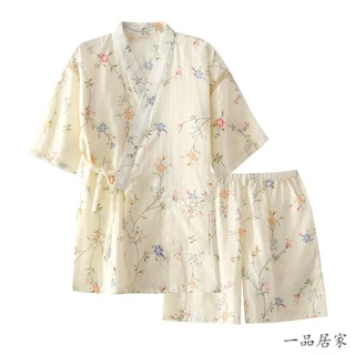 夏季短袖日式睡衣女士紗布睡衣小外套V領短袖短褲甜美居家和服家居服短袖汗蒸衣浴袍