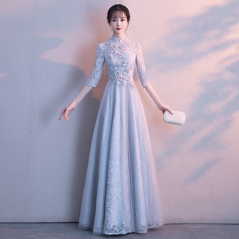 氣質晚禮服 高貴中式 宴會年會 長款禮服 主持人禮服 冬季晚宴 端莊大氣 修身顯瘦 | 蝦皮購物