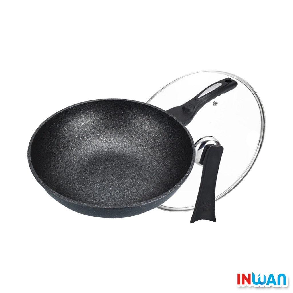印灣 INWAN 】TEFLON KOREAN STONE PANCI MASAK 韓國 麥飯石炒鍋 附玻璃鍋蓋煎鏟 | 蝦皮購物