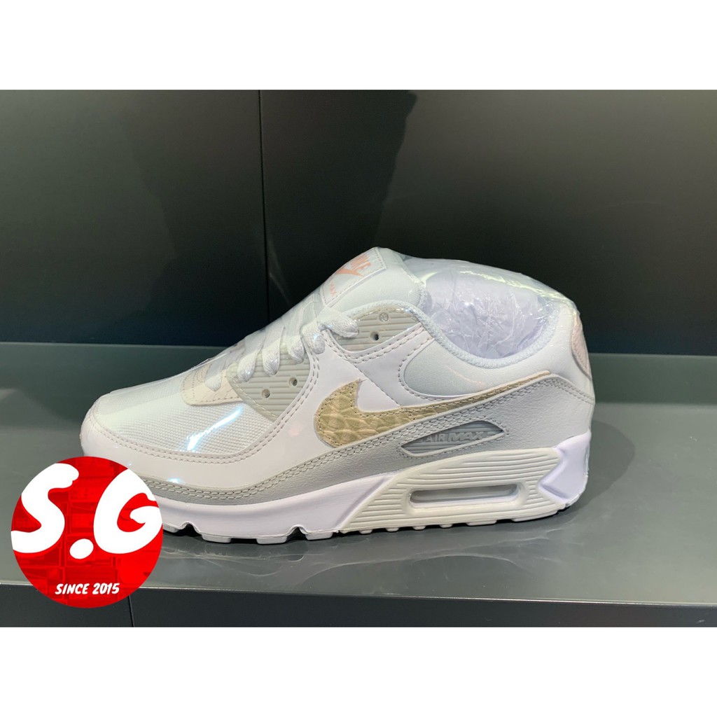 S.G NIKE W AIR MAX 90 SE 白灰金勾復古氣墊休閒紋路慢跑女鞋CV8824