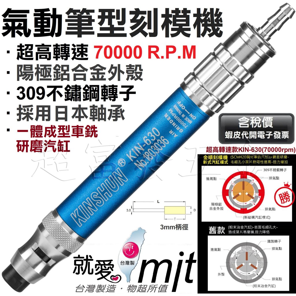 超富發五金 超高轉速 氣動 筆型 刻模機 KIN-630 夾徑 3mm 70000RPM 氣動 刻磨機 研磨機 雕刻機 | 蝦皮購物