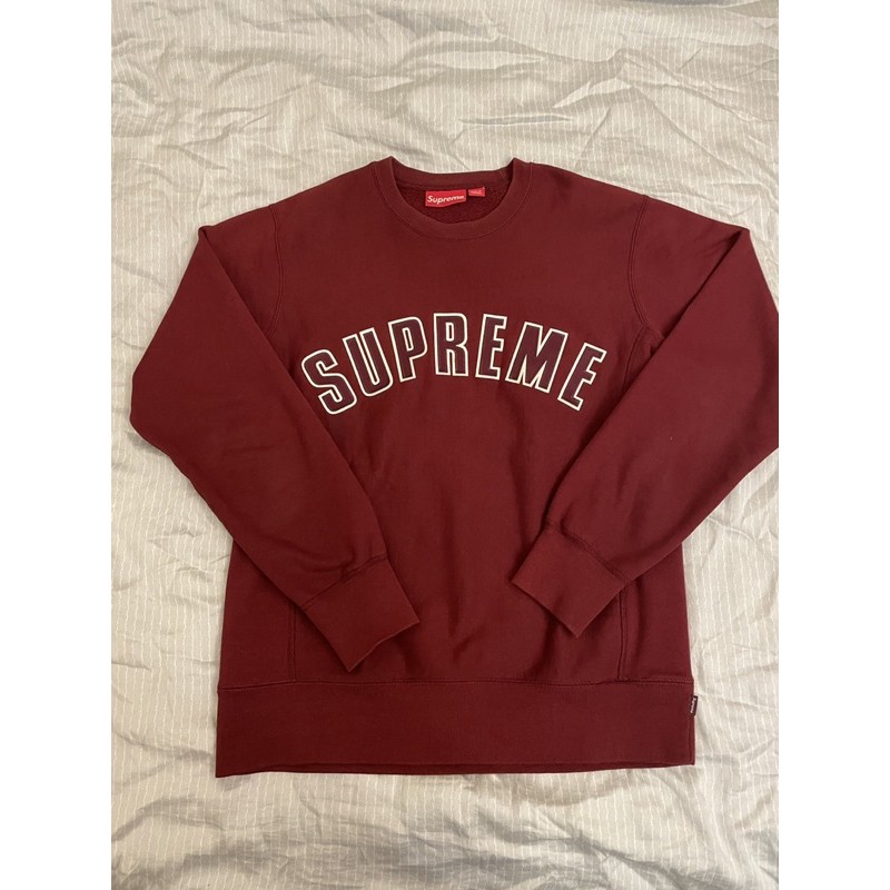 極新正品》 Supreme Arc logo crewneck 刺繡酒紅大學T 衛衣重磅內刷毛