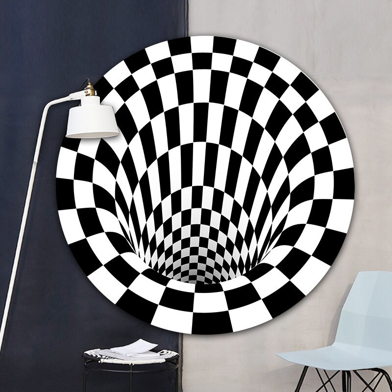 地墊視覺立體圓形地毯黑色格子幻覺陷阱地墊錯覺旋渦3D螺旋茶几墊絨毛地