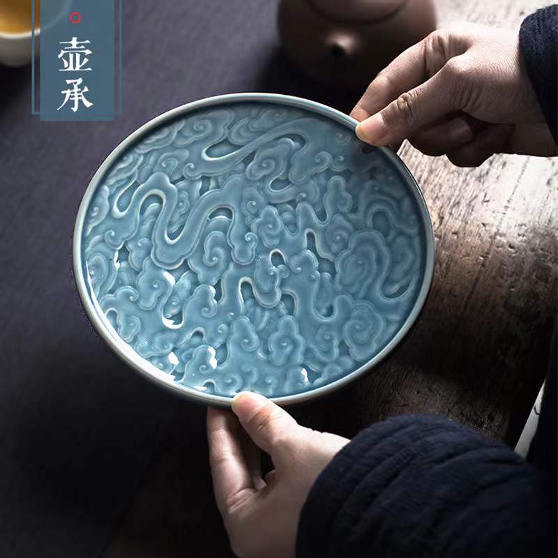 景德鎮雕刻壺承 功夫茶具幹泡盤 陶瓷茶承 茶道配件 日式海浪紋/祥雲紋 壺承 | 蝦皮購物