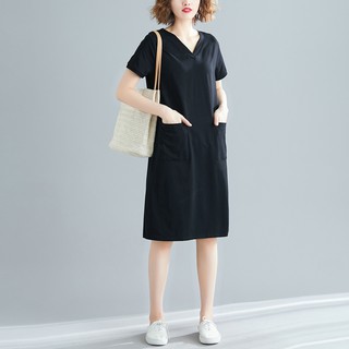 台灣現貨 素色V領短袖純棉洋裝 大尺碼連衣裙