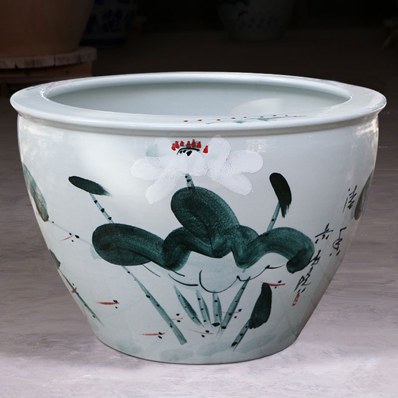 免運到府陶瓷魚缸蓮花釭金魚荷花釭水養釭青花缸陶瓷魚缸戶外1米特大水