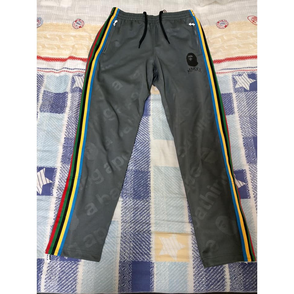 A BATHING APE SIDE TAPE JERSEY PANTS (全新 M號 灰色 側邊三色橫條 大降價)