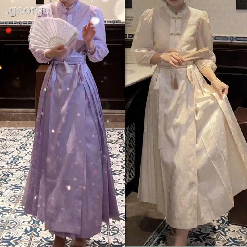 ⭐️爆款套裝女 ⭐️2022 新中式 復古新中式改良漢服套裝女秋季高級感復古國風長袖上衣馬面裙子兩件套 | 蝦皮購物