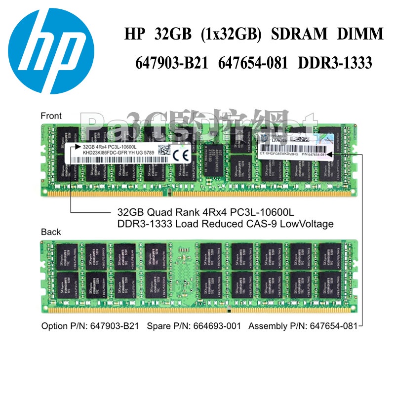 全新盒裝HP 647903-B21 647654-081 32GB LP PC3L-10600L 伺服器專用