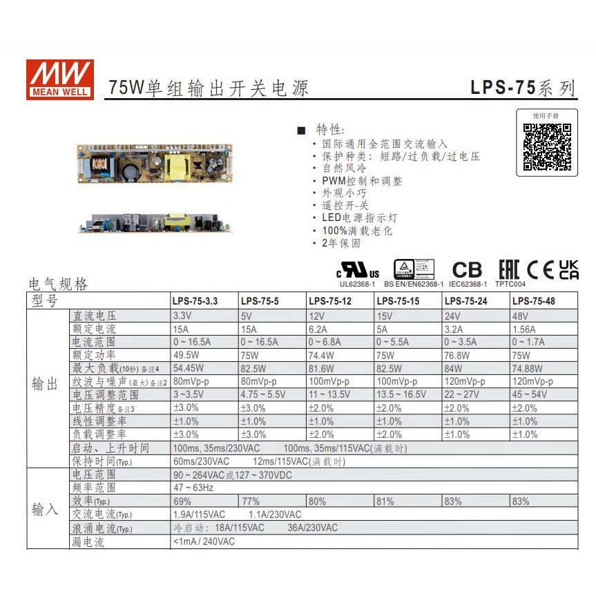 【CP】明緯電源供應器 LPS-75-5 LPS-75-12 LPS-75-24 LPS-75 -3.3/15/48 | 蝦皮購物