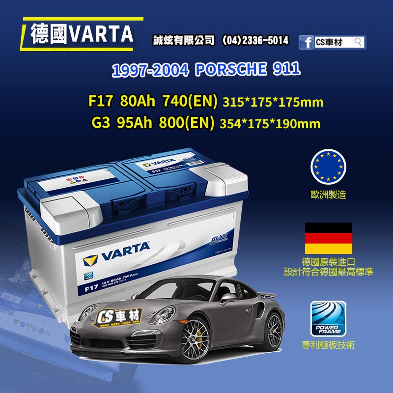 CS車材-VARTA 華達電池PORSCHE 911 97-04年F17 G3 N80 代客安裝非韓製