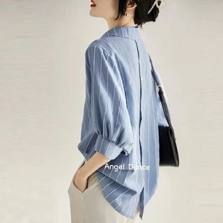 雪紡七分袖上衣(藍色)@韓國 法式 polo領 條紋 燈籠袖 不規則 襯衫 OL *Angel  Dance*