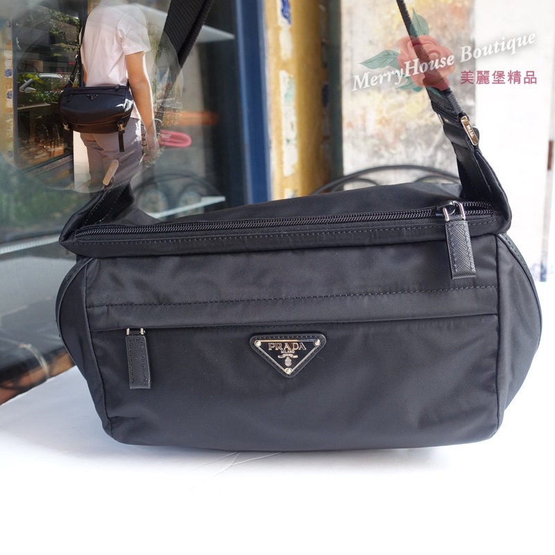 美麗堡精品 PRADA OUTLET VA0994 PRADA尼龍包 胸包 肩背包 中款-黑色(現貨）過季全新真品