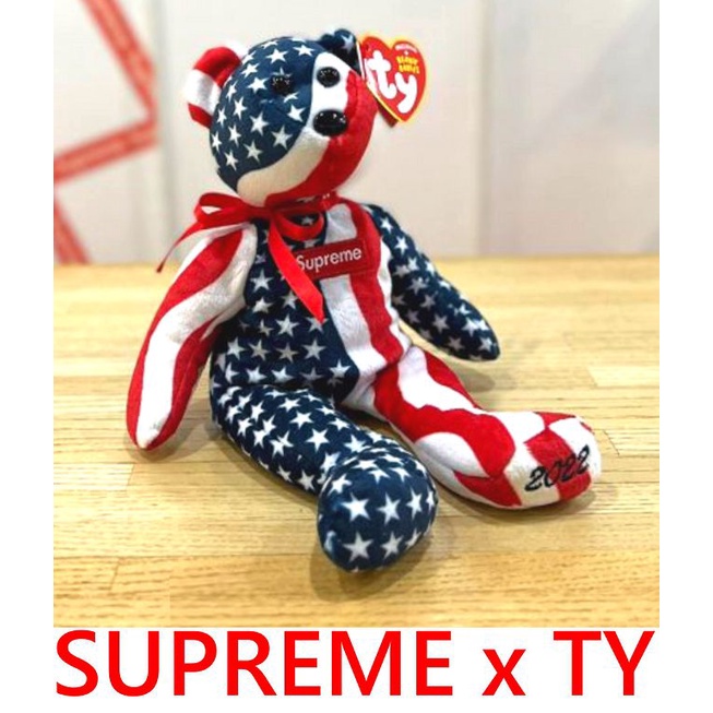 BLACK全新SUPREME x ty Beanie美國國旗Baby Bear滿版BOX LOGO小熊公仔