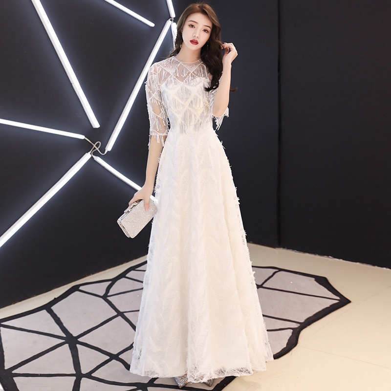 白色晚禮服 高端名媛女王顯瘦洋裝 短袖流蘇長款連身裙 喜宴新娘伴娘洋裝 名媛酒會晚禮服 節目主持年會禮服 鋼琴演奏洋裝 | 蝦皮購物