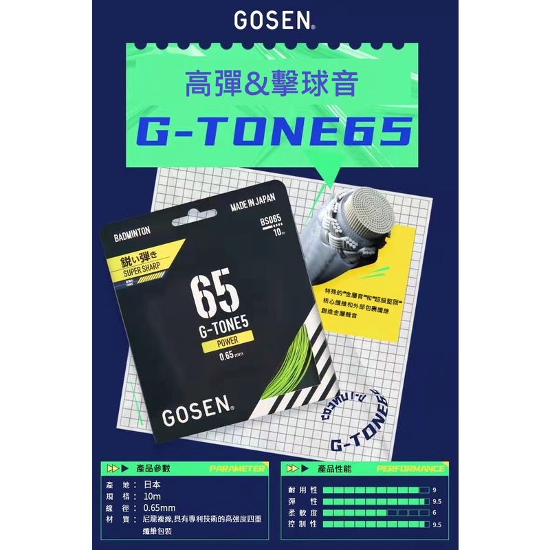 日本製GOSEN(高神) 羽球線G-TONE 5，GT5，G-TONE 65，線徑0.65MM，鋼甲