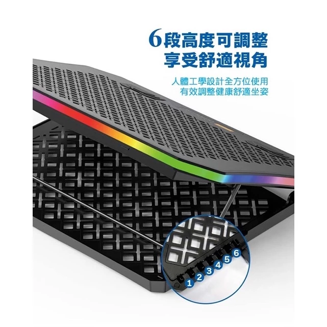 【極致冷卻 ‧ 炫彩電競】Esense G20 (22-WRG020BK) 鋁合金 6 風扇散熱墊：大尺寸筆電的降溫首選