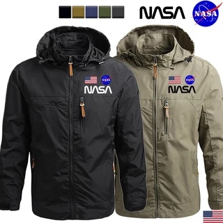 防水夾克 NASA 印花男士時尚防水軍夾克 純色夾克透氣露營和遠足風衣