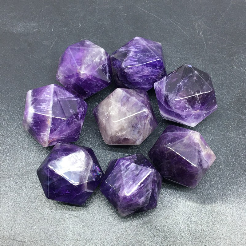天然水晶原石 二十面體造型擺件 紫水晶 東陵玉 青金石把玩手工藝品 雕刻件 紫晶單顆小晶體能量療愈石18-20mm