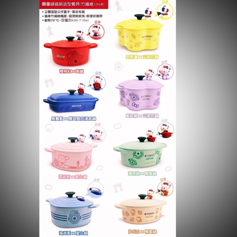 7-11 法國 LE CREUSET 竹纖維 kitty鑄鐵鍋 鍋具 餐具 食尚餐具組 耐熱玻璃盤