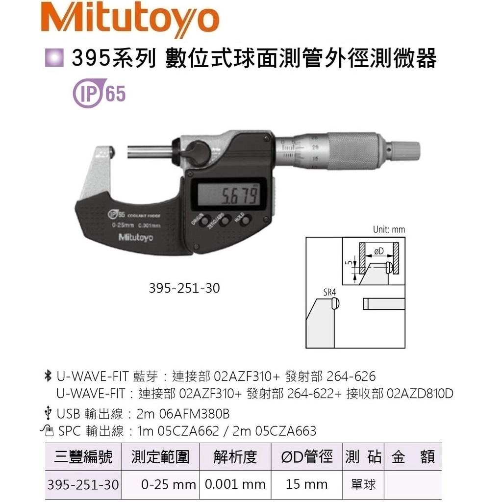 日本三豐Mitutoyo 395-251-30 數位式球面測管外徑測微器數位式球面測管