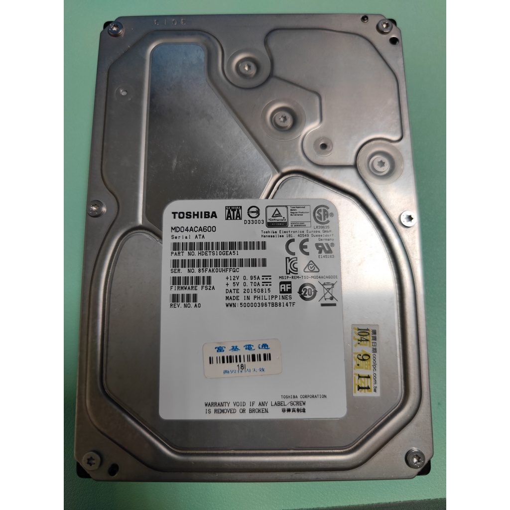 二手良品，3.5吋硬碟/ HDD，TOSHIBA 東芝6TB 7200rpm (MD04ACA600