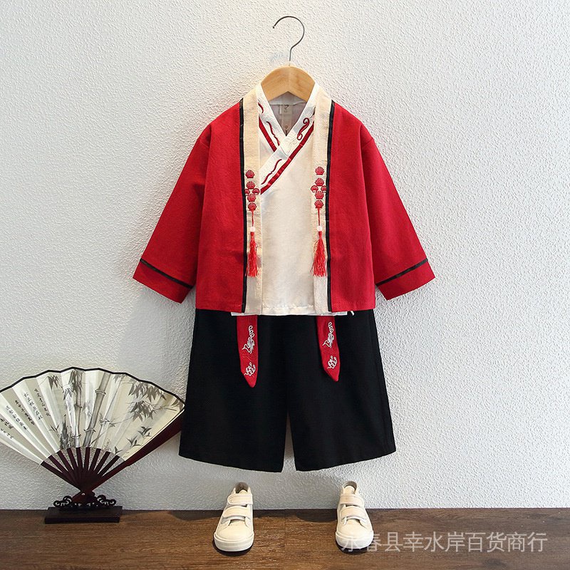 漢服】90-150碼男童漢服春秋女童漢服裙子中國風長袖衫兒童表演服古著三