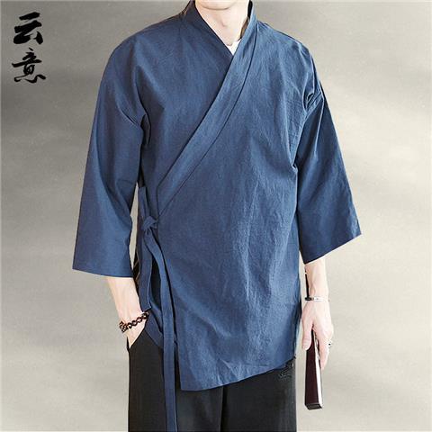 七分袖漢服男夏季中國風斜襟禪意居士服男裝古風茶服棉麻道袍外套| 蝦皮購物