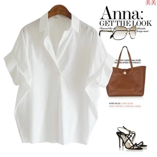 高品質優惠🍑敲好看的白襯衫！棉質白色寬鬆蝙蝠袖V領襯衫襯衫女