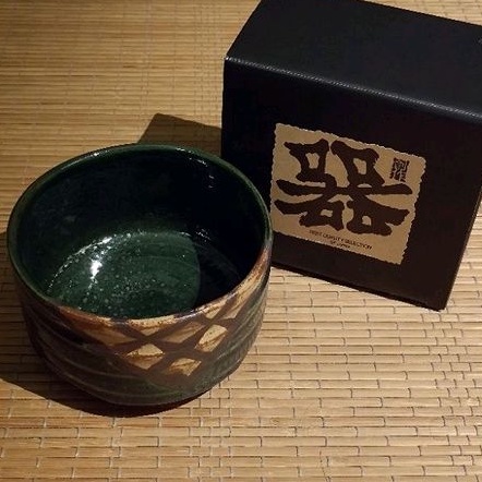 現貨】日製綠織部抹茶碗美濃燒茶碗茶道具茶道抹茶日本手工茶具美品日本