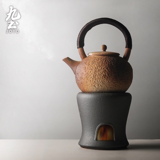 九土日式手工提樑燒水壺粗陶手工茶壺日式提梁煮茶壺家用耐熱大 