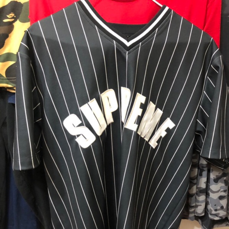 二手美品】supreme 17ss pinstripe baseball jersey 黑色球衣| 蝦皮購物