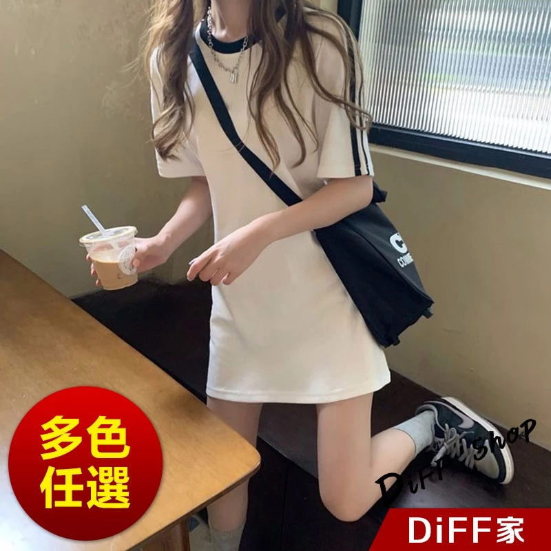 【DIFF】 小個子顯瘦休閒中長款連衣裙 洋裝 套裝 連身裙 短袖上衣 短袖t恤 女裝 衣服 寬鬆上衣【S203】
