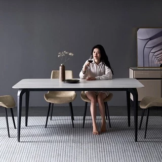【含稅/免運】意式輕奢亮光巖板餐桌家用小戶型長方形飯桌現代簡約餐桌椅組合