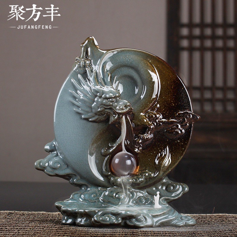 現貨】鯉魚化龍倒流香座倒流香鯉魚化龍魚龍百變佛教陶瓷工藝品擺件香塔