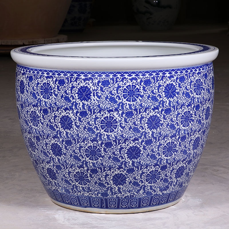 免運到府陶瓷魚缸蓮花釭金魚荷花釭水養釭青花缸陶瓷魚缸戶外1米特大水