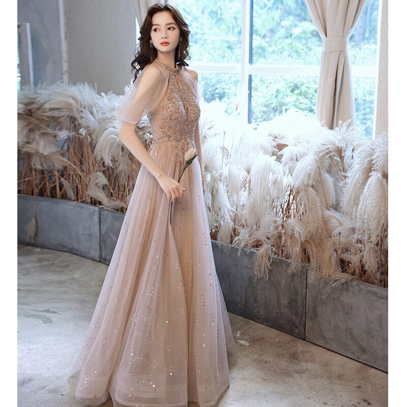 優雅香檳色晚禮服晚宴仙女伴娘夢幻森林2025新款宴會氣質主持人禮服 | 蝦皮購物