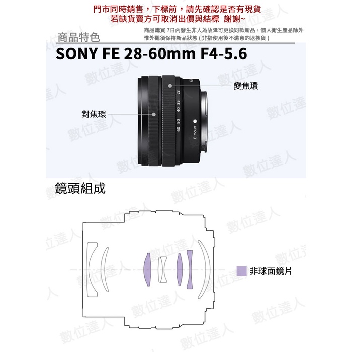 補貨【數位達人】公司貨SONY FE 28-60mm F4-5.6［SEL2860］全片幅輕巧