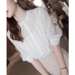 雪紡上衣(白色)@韓國 法式風格 氣質 七分袖 圓領 襯衫 開衫 送吊帶 顯瘦