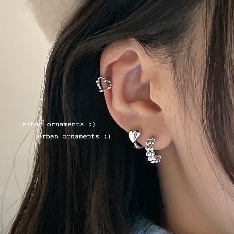 Ear Partner 簡約易扣式愛心925純銀耳環女鏤空心形鎖珠耳環韓版氣質耳