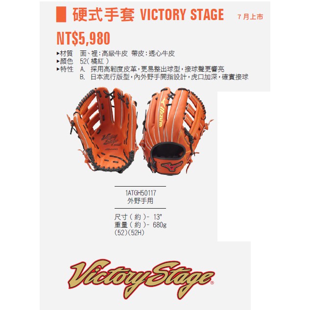 Mizuno 美津濃 棒壘球手套 硬式手套 右投用 雙十字 外野手套 橘紅 紅標 VICTORY STAGE系列 免運