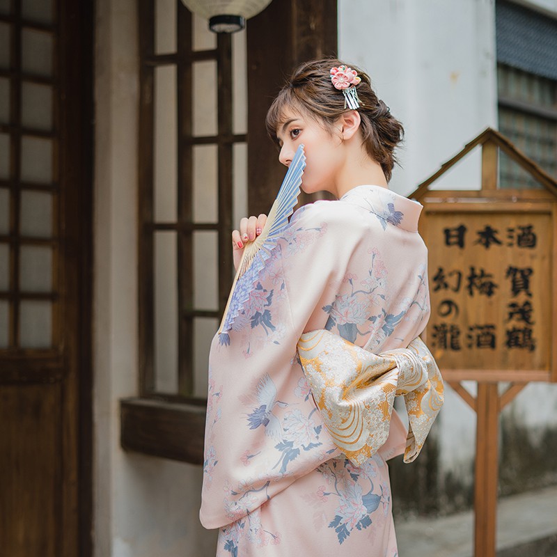 👘🍡和服橘粉仙鶴女款日本和服浴衣溫柔文藝復古日系改良和服👘🍡和服  
