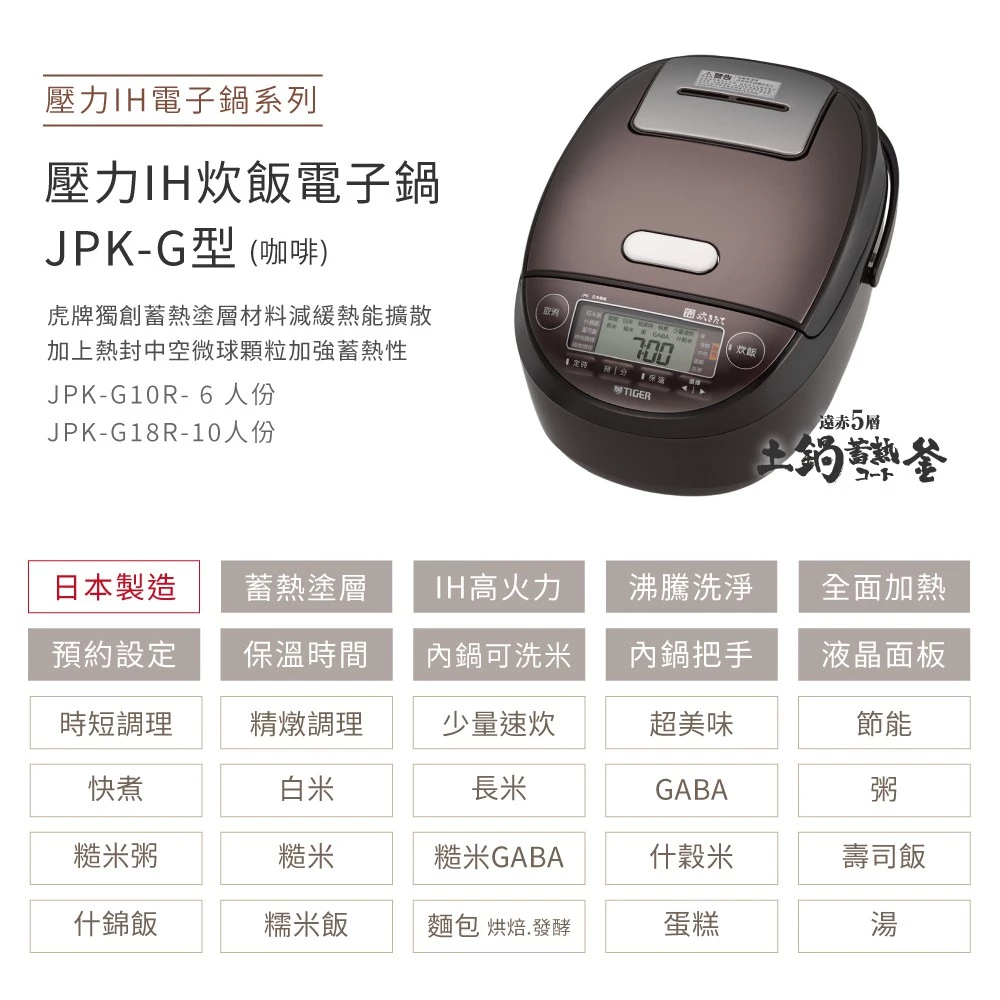 【日本製極致CP值壓力IH首選】TIGER 虎牌 6人份壓力 IH 炊飯電子鍋 (JPK-G10R)：遠赤5層土鍋蓄熱釜、麵包烘焙與慢燉全能的精緻家庭美味提案